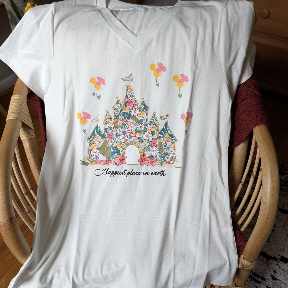 Floral Disney Themed Castle Women's T-Shirt In Off white
